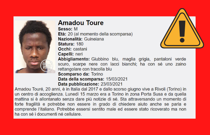 Amadou Toure ventenne con fragilità psichiche tutt’ora scomparso: esposto in Procura a Torino